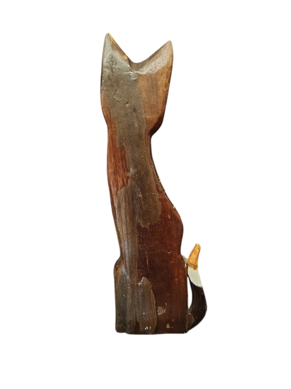 Folk Art Hand Painted Wood Sitting Cat Figurine Brown tribal Indonesia 15.5